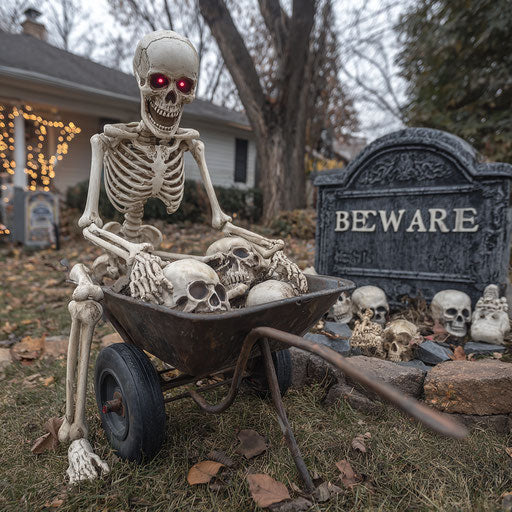 Skeleton with Wheelbarrow Full of Skulls in the Lawn