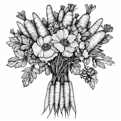 Detailed illustration of a carrot bouquet arranged like flowers. Coloring book page