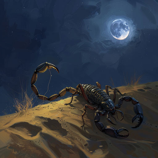 A scorpion lit by moonlight on a sand dune