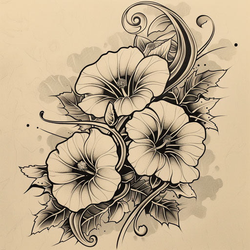 Sketch of traditional Japanese tattoo of morning glory with classic motifs