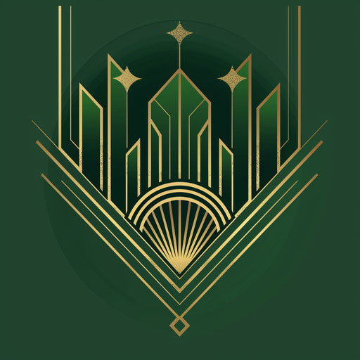 Art deco golf logo with angular designs on dark green background
