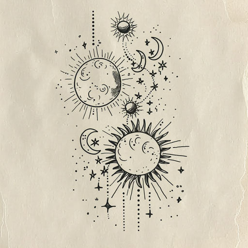 Celestial Aries constellation tattoo sketch with suns and moons