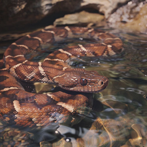 Copperhead snake near a clear stream