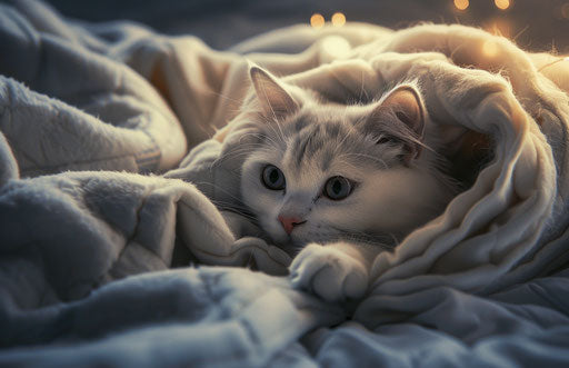 White cat in a blanket, intense energy, spirited movement