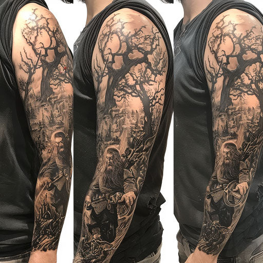 Sleeve tattoo with epic battle scenes