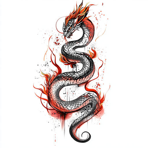 Flat tattoo sketch of snake with dragon head on white background