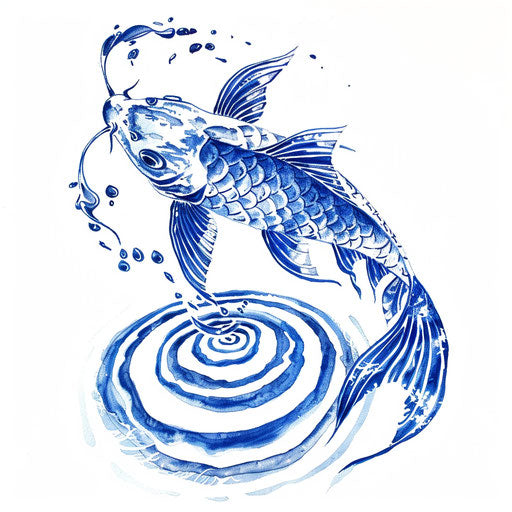 Fish symbol with water ripple effect, blue and white tattoo design