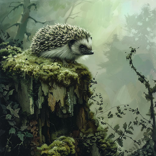 Hedgehog overlooking forest from mossy stone