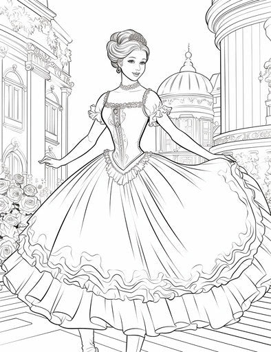 Ballet coloring pages, precisionist lines style, detailed costumes