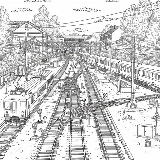 Detailed illustration of a train yard with multiple tracks and trains