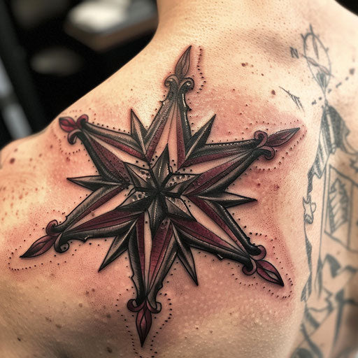 Gothic nautical star tattoo with deep black and dark red shades