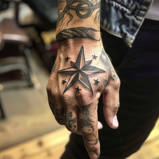 Finger tattoos for men in the style of Sailor Jerry with nautical star motifs