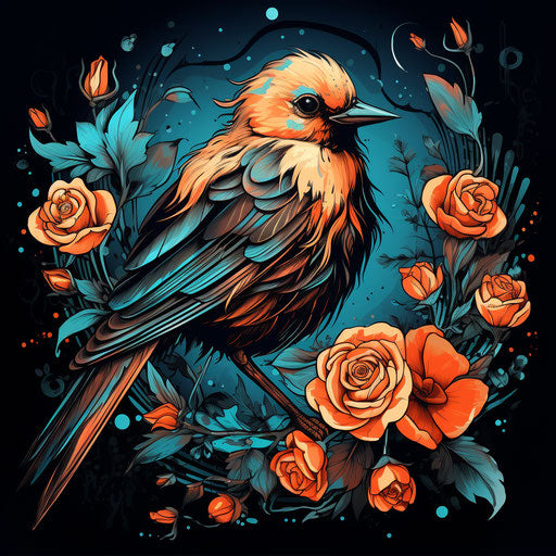 Tattooed bird and red roses on black background