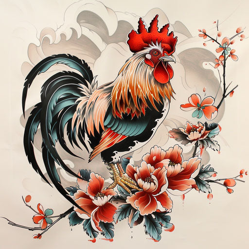 Traditional Japanese style rooster tattoo on white backdrop