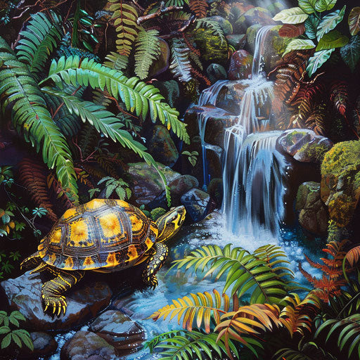 Yellow spotted turtle resting near a cascading waterfall surrounded by vibrant ferns