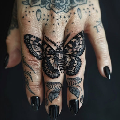 Butterfly knuckle tattoos, Maria Sibylla Merian style