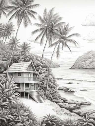 The hut on the beach with palm trees, meticulous inking