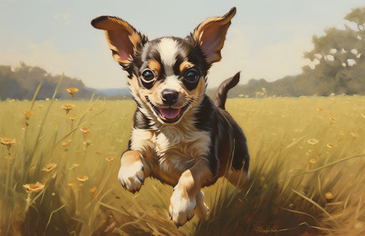 Chihuahua puppy running in a field