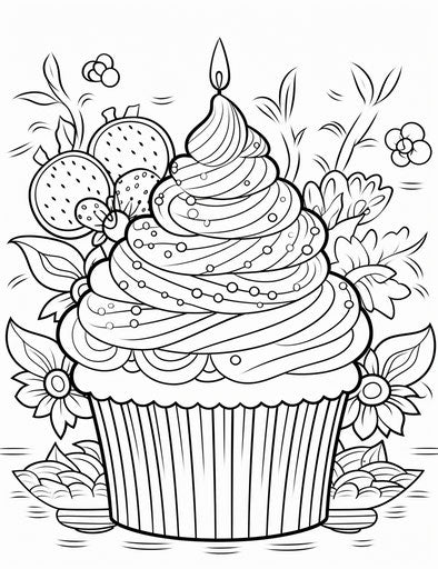 Cupcake coloring page with happy birthday and images