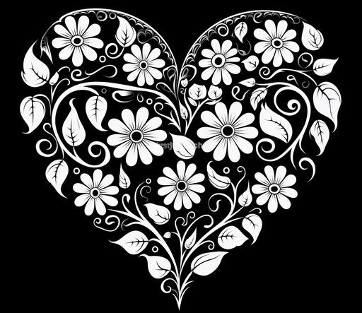 Flower-shaped heart outline, black and white, flickr style