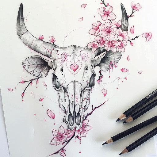 Romantic tattoo sketch of a cow skull with heart-shaped eyes and delicate pink cherry blossoms