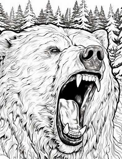 Coloring page of a black bear and a human, fur and feathers texture style, gigantic scale, strong facial expression