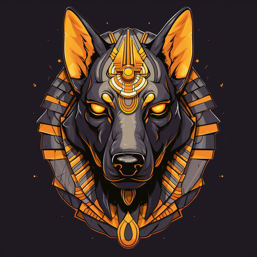 Egyptian dog head in orange and yellow outfit