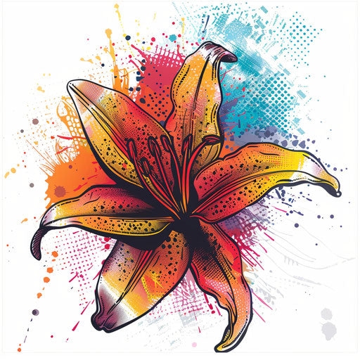 Retro comic book style spider lily tattoo, pop art colors, white background