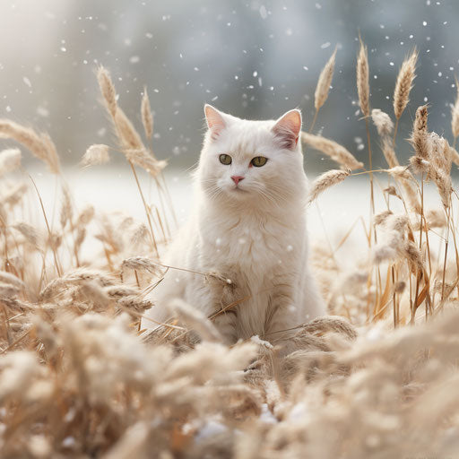 White cat in a field while it is snowing