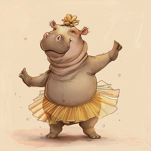 Whimsical ballet dancing hippo in tutu