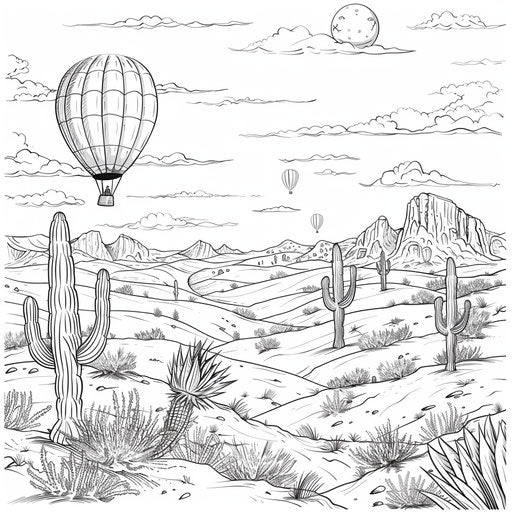 Desert with flying hot air balloon - Coloring page