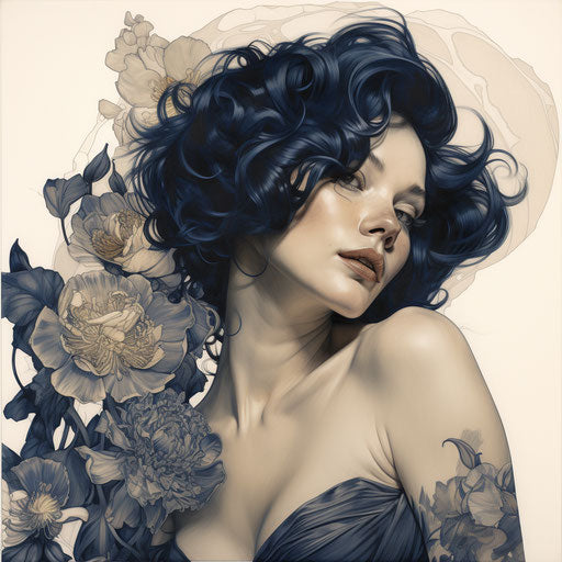 Sketch of woman with floral tattoos in golden age glamour style