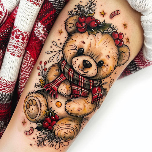 Festive teddy bear with Christmas tattoo