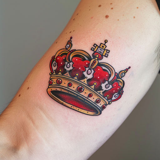 Vibrant royal crown tattoo with red and gold jewels