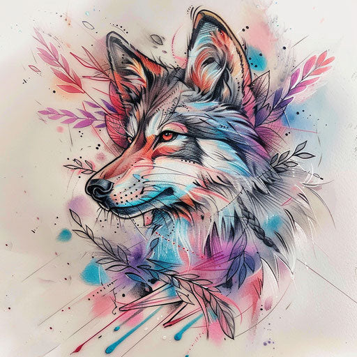 Pastel-colored tattoo sketch of a dreamy lobo