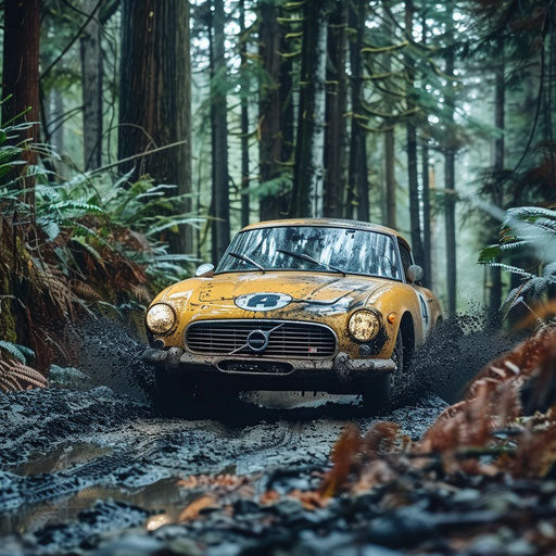 1966 rally Volvo P1800, mud-splattered, racing through rugged forest trail