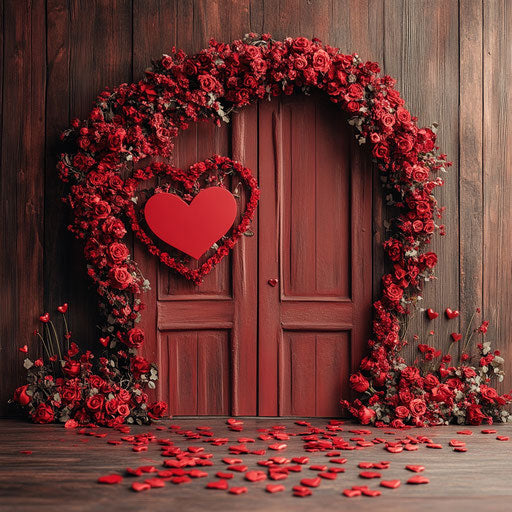 Valentine's Day backdrop with red heart-shaped arch and flowers