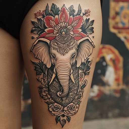 Sak yant tattoo depicting an elephant surrounded by mantras