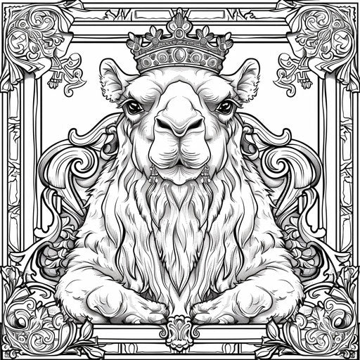 Whimsical camel with crown on royal throne
