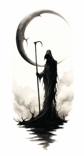 Black and white silhouette with scythe, mystical realism portrait