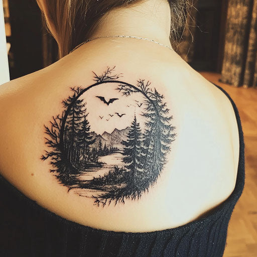 Shoulder tattoos for women with haunted forest imagery