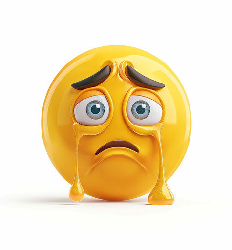 Sad emoji with tears on white background, vibrant yellow