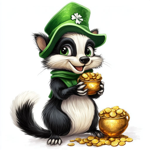 St. Patrick's Day skunk with green hat, gold coin, pot of gold