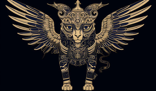 Egyptian winged bull, yokai style, engraved ornaments, columns and totems, abstract cats, moche art