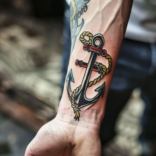 Men's wrist tattoos with old-school anchor design