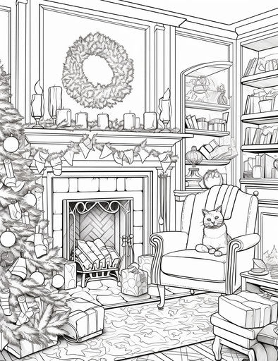 Christmas coloring page with a fireplace, in the style of whimsical cats, Hergé, tranquil gardenscapes, subtle, British topographical, commission for 24:31