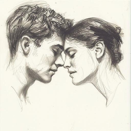 Sketch of two lovers with foreheads touching