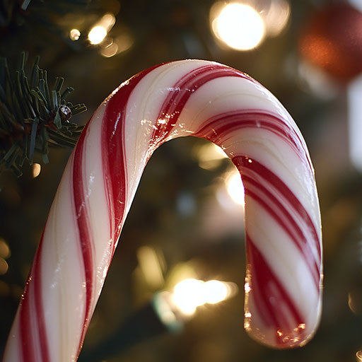 Red and white striped candy cane under a Christmas tree