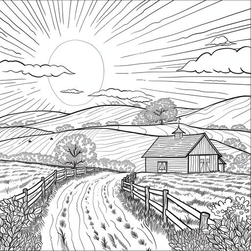 Sunrise over peaceful countryside with barn and fields. Coloring page