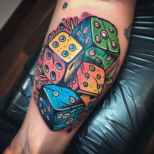 Dice tattoo with whimsical themes